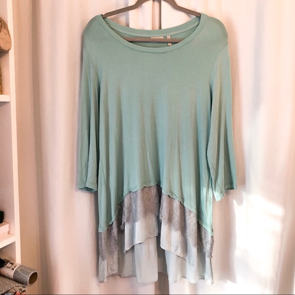 LOGO by Lori Goldstein Tops - LOGO Mint Green Lace High Low Blouse Sz XL